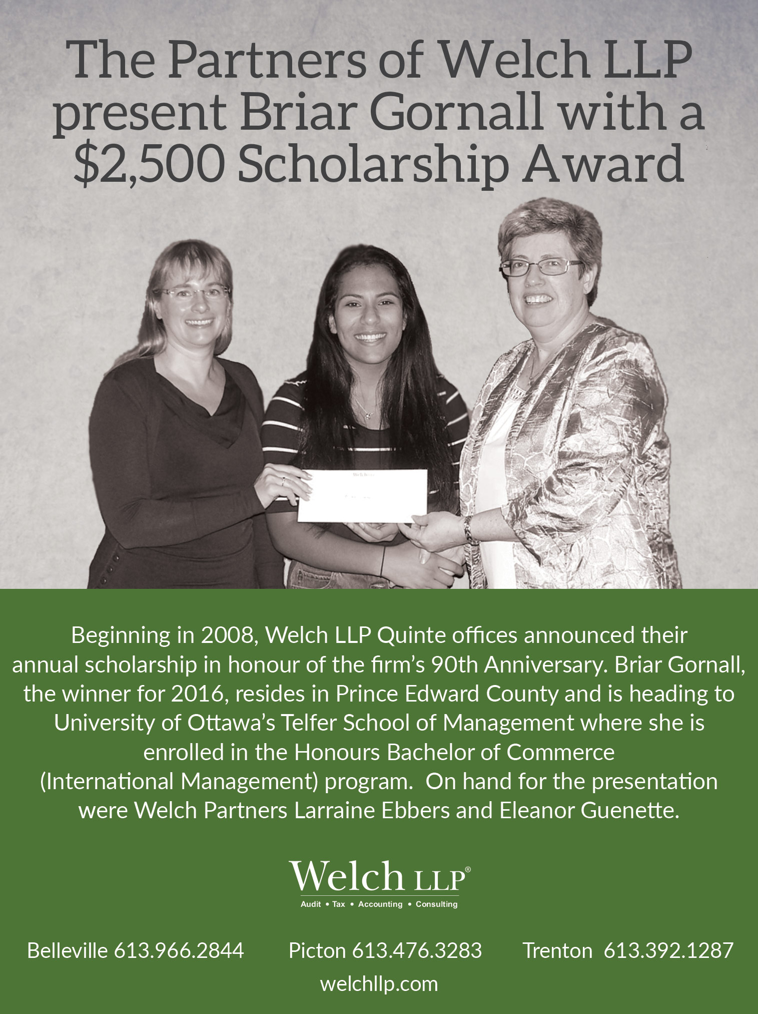 Welch LLP Partners Present Briar Gornall A $2,500 Scholarship Award