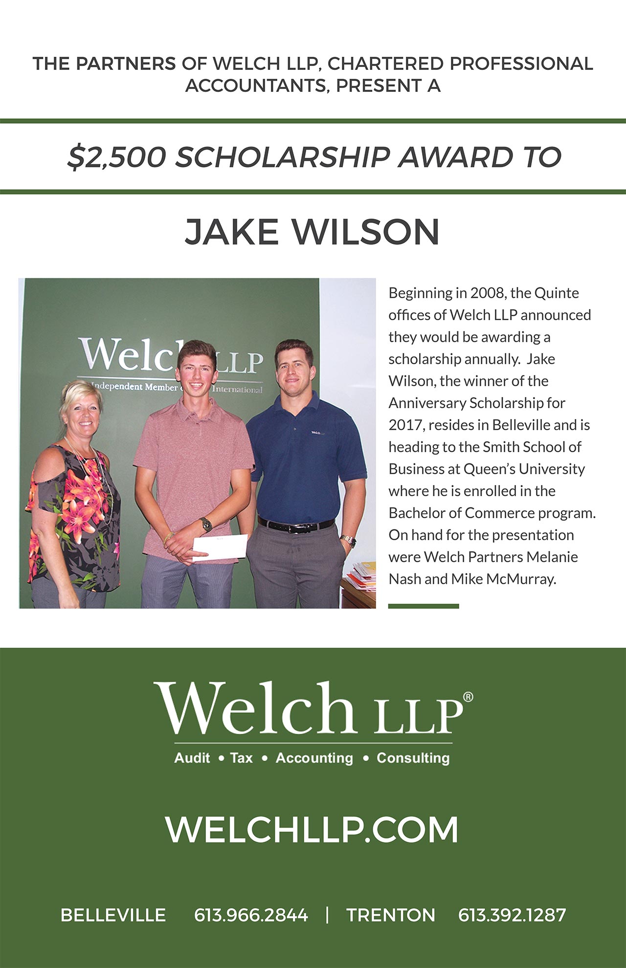 Welch LLP Partners present Jake Wilson a $2,500 scholarship